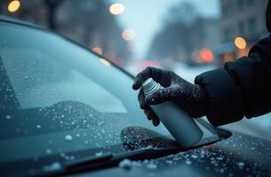 Gloved hand spraying deicer on icy car windshield in winter street scene photo