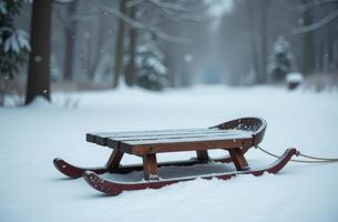 Rustic wooden sled on snowy path in tranquil winter forest scene photo