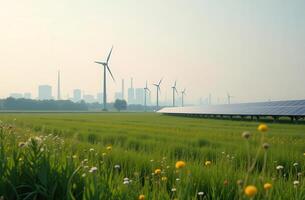 Sustainable energy wind turbines and solar panels in green field with city skyline photo