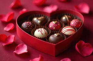 elegante en forma de corazon caja de clasificado gastrónomo chocolates con Rosa pétalos en rojo antecedentes. san valentin día foto