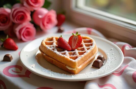 Heart-shaped waffle with strawberries and chocolates for valentine's day breakfast photo