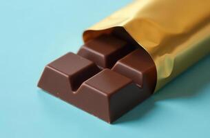 Delicious chocolate bar wrapped in gold foil on vibrant blue background photo
