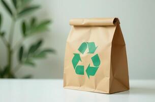 Eco-friendly recyclable paper bag featuring green recycling symbol in minimalist setting photo