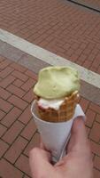 A person holding a waffle cone with a scoop of ice cream photo