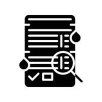A black and white icon of a document with a magnifying glass vector