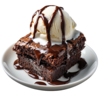 A photorealistic image of brownies with fudge and chocolate sauce drizzled on top, served on a small white plate with melting ice cream spilling over the sides png