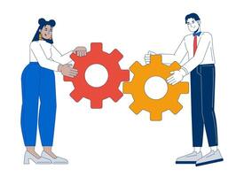 Making things happen 2D illustration concept. Teamwork improvement. Positive young coworkers connecting cogwheels cartoon characters isolated on white. Metaphor abstract flat graphic vector
