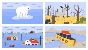 Climate crisis impact cartoon flat illustrations set. Environmental damage of nature 2D characters and sceneries colorful backgrounds. Disasters scenes storytelling images collection vector