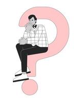 Looking for answers black and white 2D illustration concept. Business strategy. Thoughtful indian businessman sitting on question mark outline character isolated. Metaphor monochrome art vector