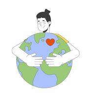 Love your home 2D illustration concept. Environmental care idea. Happy asian man hugging earth globe with heart cartoon character isolated on white. Metaphor abstract flat graphic vector
