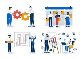 Businesspeople multiracial teams 2D illustration concepts set. Corporate employees working on business projects cartoon characters isolated on white. Metaphors abstract flat collection vector