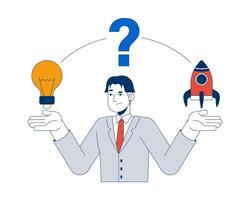 Searching for way to turn ideas into reality 2D illustration concept. Doubting japanese businessman with lightbulb and rocket cartoon character isolated on white. Metaphor abstract flat graphic vector