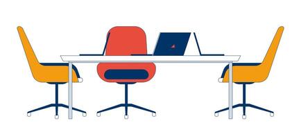 Office desk with laptops and chairs 2D cartoon object. Comfortable furniture and computers for corporate coworking isolated element flat clipart on white background. Spot illustration vector