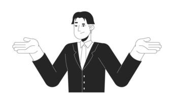 Doubting japanese businessman shrugging black and white 2D line character. Asian corporate employee expressing confusion by gesture isolated outline person. Monochromatic spot illustration vector