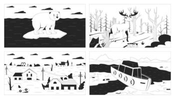 Climate crisis impact black and white line illustrations set. Environmental damage of nature 2D characters and sceneries monochrome backgrounds. Disasters outline scenes images collection vector