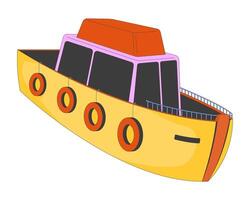 Toy ship 2D cartoon object. Children amusement and development. Sailboat model with lifesavers and capitaine bridge isolated element flat clipart on white background. Spot illustration vector