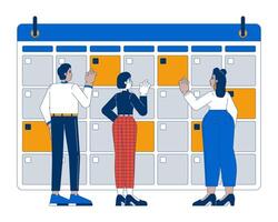 Work plan 2D illustration concept. Scheduling corporate events. Multiethnic business team checking dates in calendar cartoon characters isolated on white. Metaphor abstract flat graphic vector