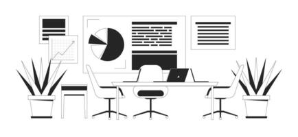 Corporate office interior with info charts linear illustration. Boardroom with furniture, houseplants and data presentation 2D line scene isolated on white. Monochrome outline image vector
