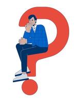 Looking for answers 2D illustration concept. Business strategy. Thoughtful indian businessman sitting on question mark cartoon character isolated on white. Metaphor abstract flat graphic vector