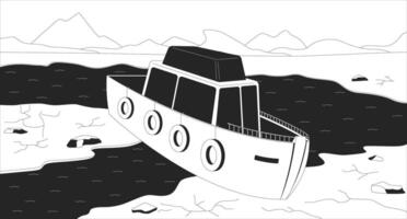 Rivers disappearing problem black and white line illustration. Ship running ground in shallow riverbed 2D landscape monochrome backdrop. Climate crisis impact on environment condition outline vector
