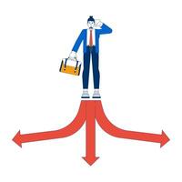 Different choices 2D illustration concept. Young caucasian man with briefcase making difficult decision on crossroad cartoon character isolated on white. Metaphor abstract flat graphic vector
