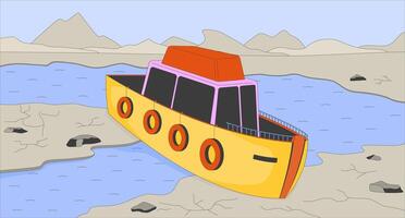 Rivers disappearing problem flat illustration. Ship running ground in shallow riverbed 2D landscape cartoon background. Climate crisis impact on environment condition scene image vector