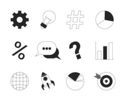 Business management app ui design black and white 2D line objects set. Digital startup boosting modern strategy isolated clip arts outline items collection. Monochrome spot illustrations vector