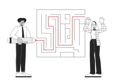 problema resolviendo negro y blanco 2d ilustración concepto. negocio proyecto desarrollo. positivo diverso colegas hallazgo camino fuera de laberinto contorno caracteres aislado. metáfora monocromo Arte vector