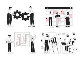 Businesspeople multiracial teams black and white 2D concepts set. Corporate employees working on business projects outline illustration characters isolated. Metaphors monochrome collection vector