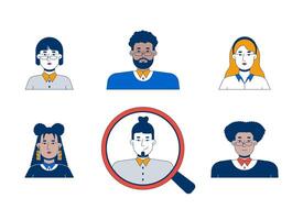 Human resources searching 2D illustration concept. Multiethnic candidates applying for job in business company cartoon characters isolated on white. Metaphor abstract flat graphic vector