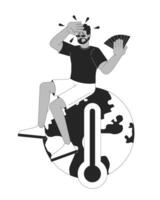 Global warming crisis black and white 2D illustration concept. Environmental damage. Sweaty black man sitting on overheated planet outline character isolated. Metaphor monochrome art vector