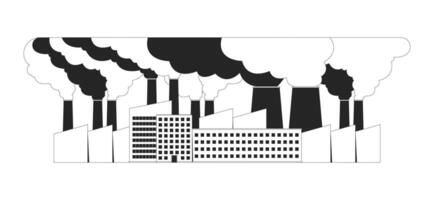 Production plant with large smog cloud black and white 2D line object. Industrial complex damaging environment with pollutants isolated clip art outline item. Monochromatic spot illustration vector