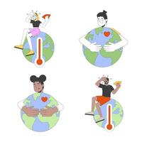 Protecting global environment 2D illustration concepts set. Diverse people caring of ecology and warning about warming cartoon characters isolated on white. Metaphors abstract flat collection vector