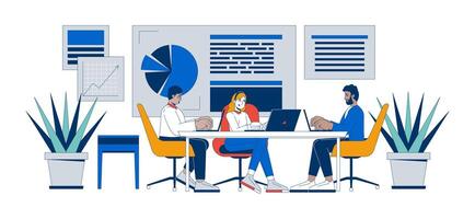 Teamwork benefits cartoon flat illustration. Company staff. Multiracial professional business team analyzing data in corporate office 2D characters isolated on white background. colorful image vector