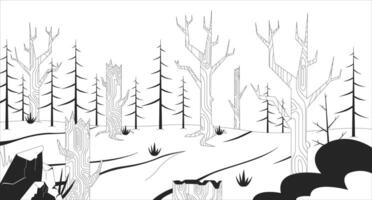Danger of deforestation black and white line illustration. Toxic pollutions problems. Dead bare trees in damaged forest 2D landscape monochrome backdrop. Global climate crisis outline vector