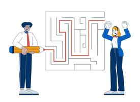 Problem solving 2D illustration concept. Business project development. Positive diverse colleagues finding way out of maze cartoon characters isolated on white. Metaphor abstract flat graphic vector