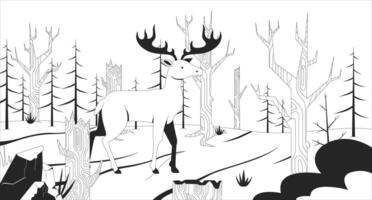 Deforestation black and white line illustration. Woodland disaster. Moose walking across forest with dead trees 2D character monochrome background. Climate crisis impact on nature outline image vector