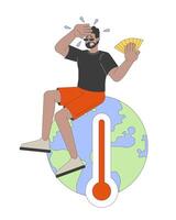 Global warming crisis 2D illustration concept. Environmental damage. Sweaty black man sitting on overheated planet cartoon character isolated on white. Metaphor abstract flat graphic vector