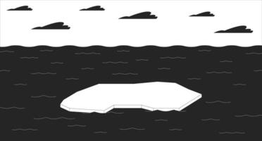 Ice melting problem black and white line illustration. Dangerous impact of global warming. Icefloe piece floating in sea water 2D landscape monochrome backdrop. Climate changes crisis outline vector