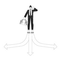 Different choices black and white 2D illustration concept. Young caucasian man with briefcase making difficult decision on crossroad outline character isolated. Metaphor monochrome art vector