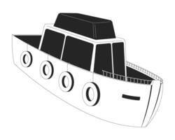 Toy ship black and white 2D line object. Children amusement and development. Sailboat model with lifesavers and capitaine bridge isolated clip art outline item. Monochromatic spot illustration vector
