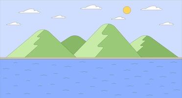 Hilly island in calm sea flat illustration. Mountains and water. Picturesque slopes on sunny ocean coast 2D landscape cartoon background. Idyllic place for summer vacation scene image vector