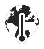 Earth globe with thermometer black and white 2D line object. Global warming crisis. Greenhouse effect on planet environment isolated clip art outline item. Monochromatic spot illustration vector