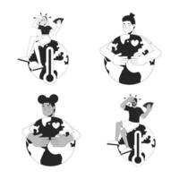 Protecting global environment black and white 2D concepts set. Diverse people caring of ecology warning about warming outline illustration characters isolated. Metaphors monochrome collection vector