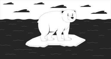Ice melting black and white line illustration. Environmental damage. Upset polar bear drifting on icefloe 2D character monochrome background. Dramatic climate crisis sequences outline image vector