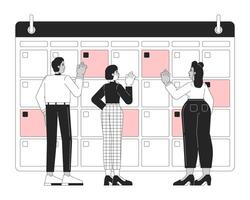 Work plan black and white 2D illustration concept. Scheduling corporate events. Multiethnic business team checking dates in calendar outline characters isolated. Metaphor monochrome art vector