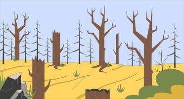 Danger of deforestation flat illustration. Toxic pollutions problems. Dead bare trees in damaged forest 2D landscape cartoon background. Global climate crisis consequences scene image vector
