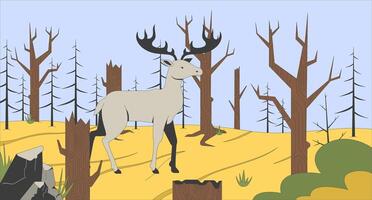 Deforestation flat illustration. Woodland disaster. Moose walking across forest with dead trees 2D character cartoon background. Climate crisis impact on nature scene storytelling image vector