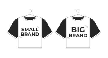 Small branded and big brand tshirts on hangers black and white 2D line objects set. Mass fashion. T-shirts clothes isolated clip arts outline items collection. Monochrome spot illustrations vector