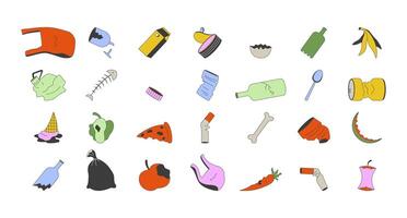 Rubbish waste management 2D cartoon objects set. Garbage sort. Recycling pollution. Litter segregation trash isolated elements flat cliparts on white background. Spot illustrations collection vector